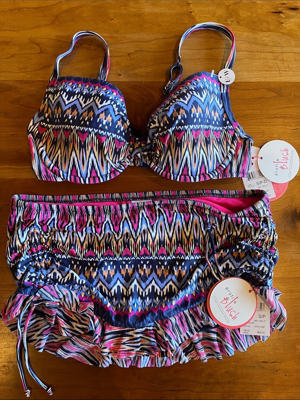 Profile Blush by Gottex - Ikat Print Bikini Set - Pink/Navy/White - Small - New!